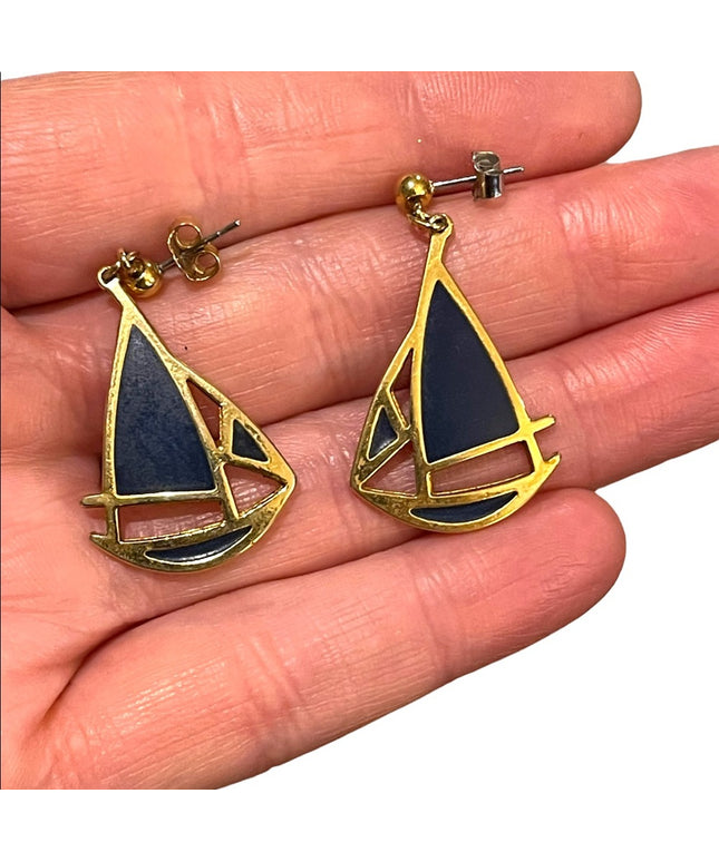 Beautiful blue enamel gold finish Vintage Sailboat earrings 1” Nautical
