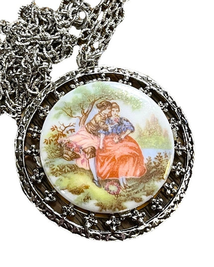 Beautiful Victorian scene silver finish large vintage pendant necklace cameo