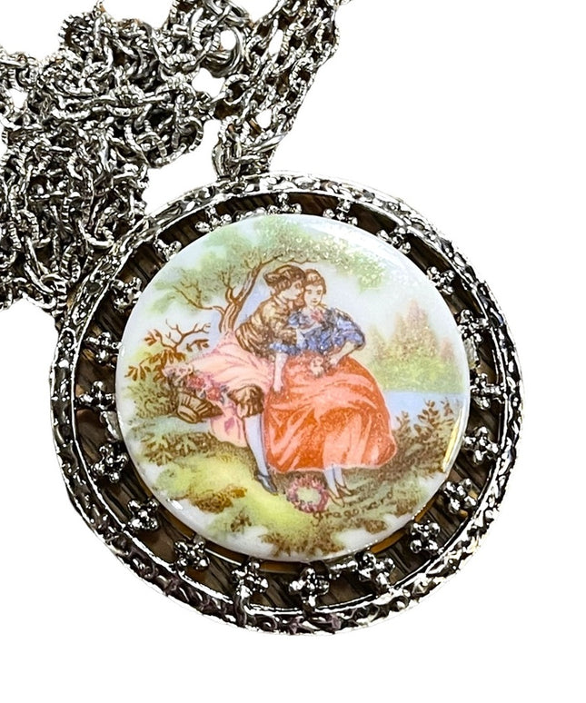 Beautiful Victorian scene silver finish large vintage pendant necklace cameo