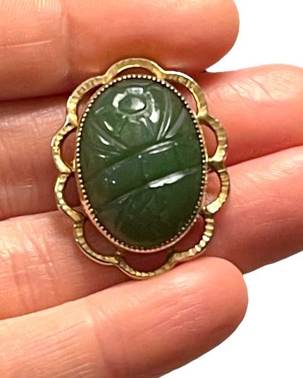 Vintage 12k Gold filled Jade Pendant Carved brooch
