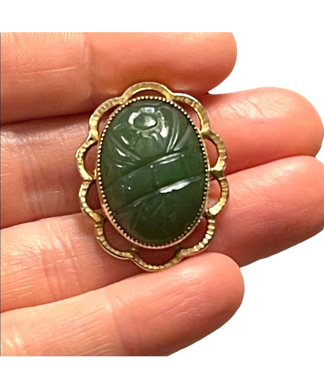 Vintage 12k Gold filled Jade Pendant Carved brooch