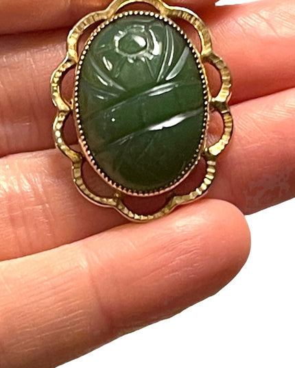 Vintage 12k Gold filled Jade Pendant Carved brooch