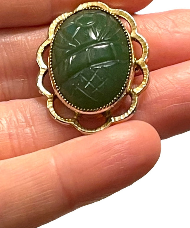Vintage 12k Gold filled Jade Pendant Carved brooch