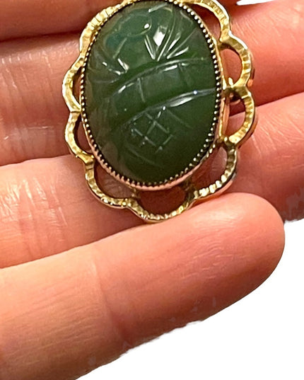 Vintage 12k Gold filled Jade Pendant Carved brooch