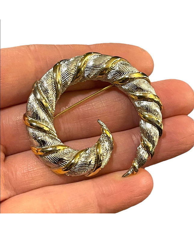 Vintage Silver gold finish fancy swirl brooch Large