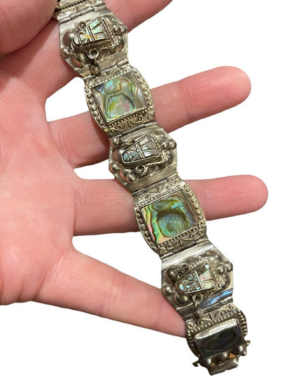 Vintage Maya Aztec Mexico Alpaca silver 1950s Abalone link bangle bracelet