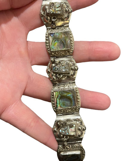 Vintage Maya Aztec Mexico Alpaca silver 1950s Abalone link bangle bracelet