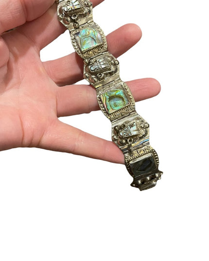 Vintage Maya Aztec Mexico Alpaca silver 1950s Abalone link bangle bracelet