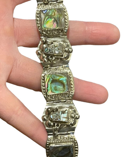 Vintage Maya Aztec Mexico Alpaca silver 1950s Abalone link bangle bracelet