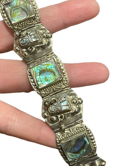 Vintage Maya Aztec Mexico Alpaca silver 1950s Abalone link bangle bracelet