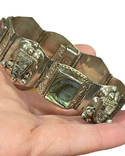 Vintage Maya Aztec Mexico Alpaca silver 1950s Abalone link bangle bracelet