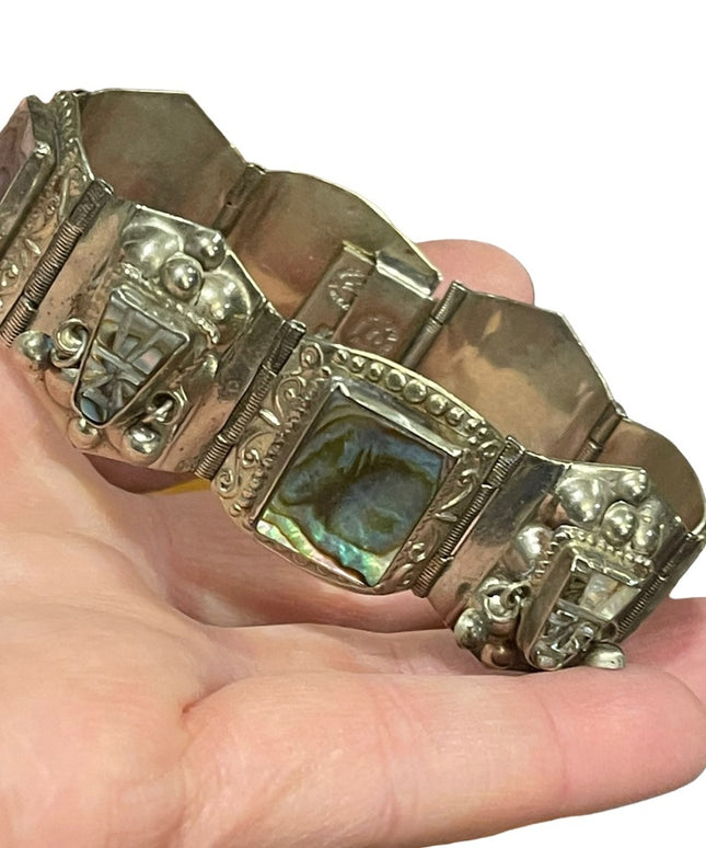 Vintage Maya Aztec Mexico Alpaca silver 1950s Abalone link bangle bracelet