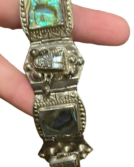 Vintage Maya Aztec Mexico Alpaca silver 1950s Abalone link bangle bracelet