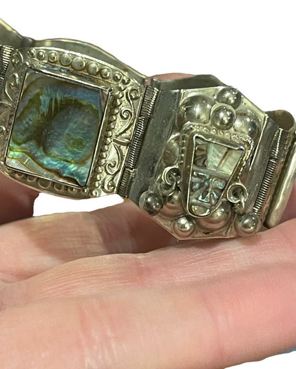 Vintage Maya Aztec Mexico Alpaca silver 1950s Abalone link bangle bracelet