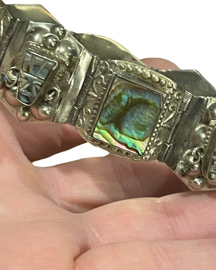 Vintage Maya Aztec Mexico Alpaca silver 1950s Abalone link bangle bracelet