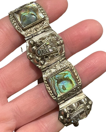 Vintage Maya Aztec Mexico Alpaca silver 1950s Abalone link bangle bracelet