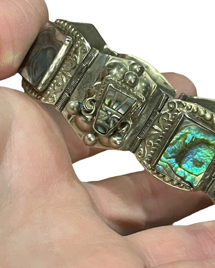 Vintage Maya Aztec Mexico Alpaca silver 1950s Abalone link bangle bracelet