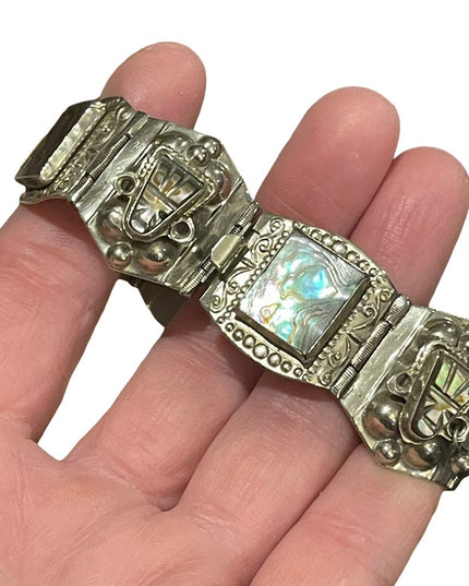 Vintage Maya Aztec Mexico Alpaca silver 1950s Abalone link bangle bracelet