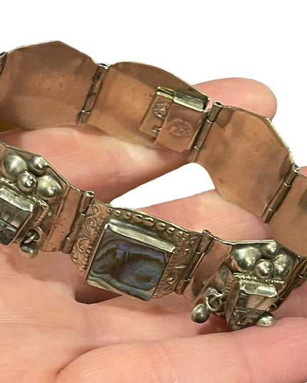 Vintage Maya Aztec Mexico Alpaca silver 1950s Abalone link bangle bracelet
