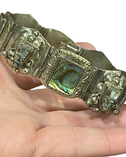 Vintage Maya Aztec Mexico Alpaca silver 1950s Abalone link bangle bracelet