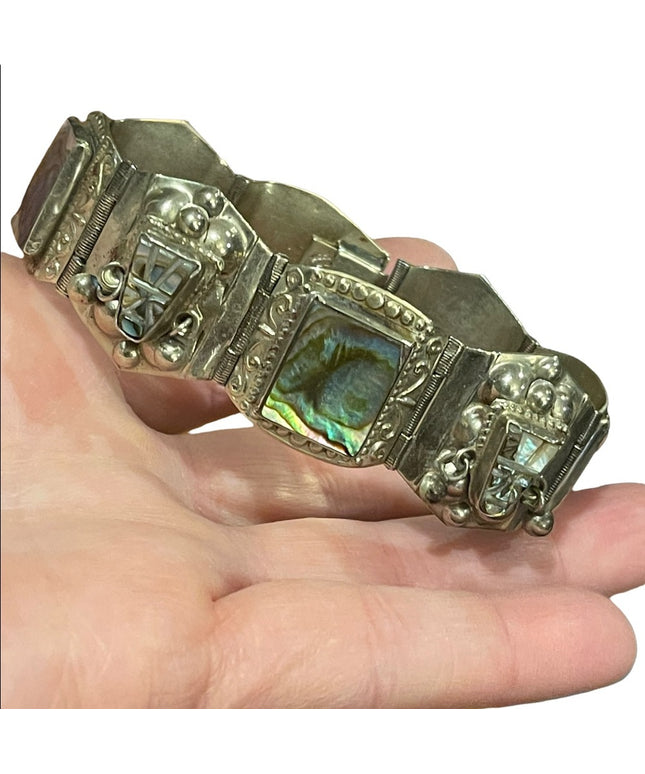 Vintage Maya Aztec Mexico Alpaca silver 1950s Abalone link bangle bracelet