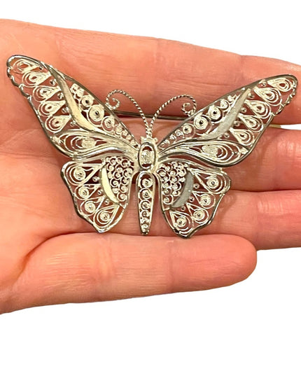 Antique Large sterling silver 925 Germany ornate filagree BUTTERFLY brooch