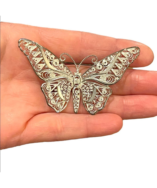 Antique Large sterling silver 925 Germany ornate filagree BUTTERFLY brooch
