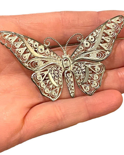 Antique Large sterling silver 925 Germany ornate filagree BUTTERFLY brooch