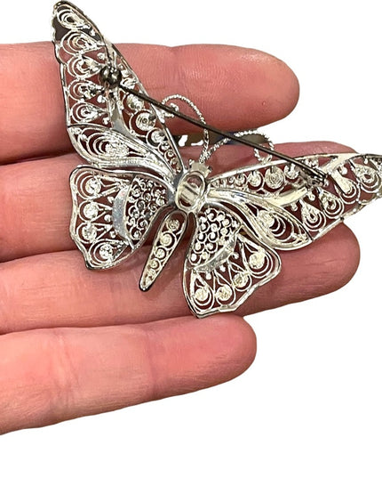 Antique Large sterling silver 925 Germany ornate filagree BUTTERFLY brooch