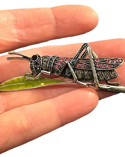 Vintage silver finish enameled crystal grasshopper brooch insect