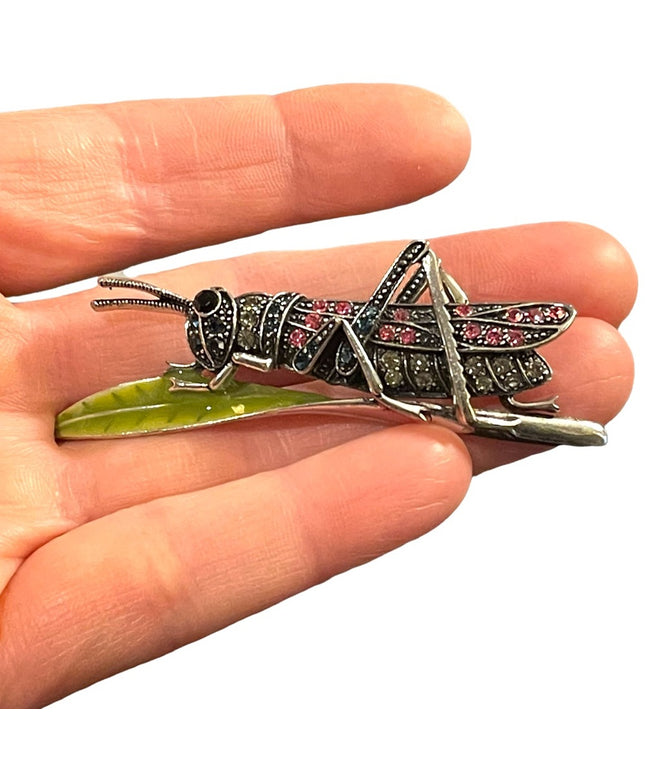 Vintage silver finish enameled crystal grasshopper brooch insect