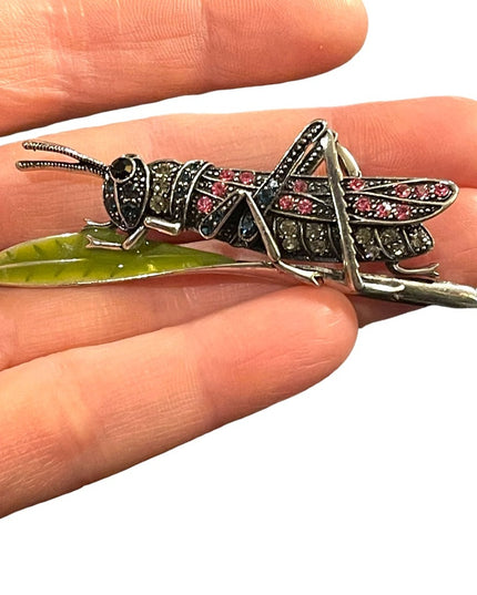 Vintage silver finish enameled crystal grasshopper brooch insect