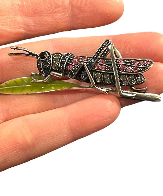 Vintage silver finish enameled crystal grasshopper brooch insect