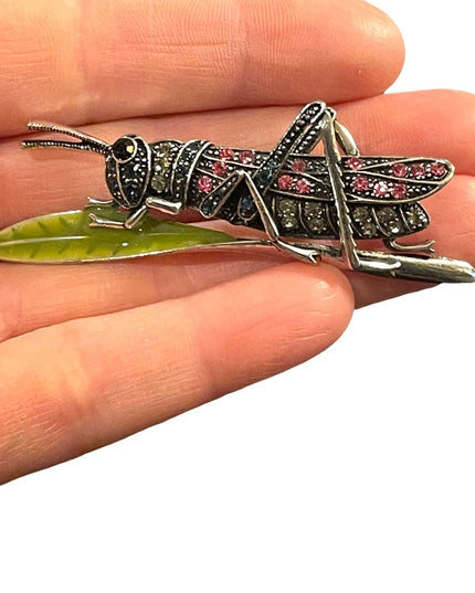 Vintage silver finish enameled crystal grasshopper brooch insect