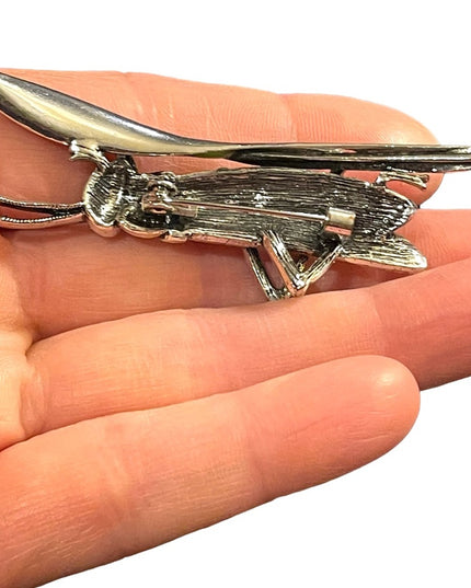 Vintage silver finish enameled crystal grasshopper brooch insect