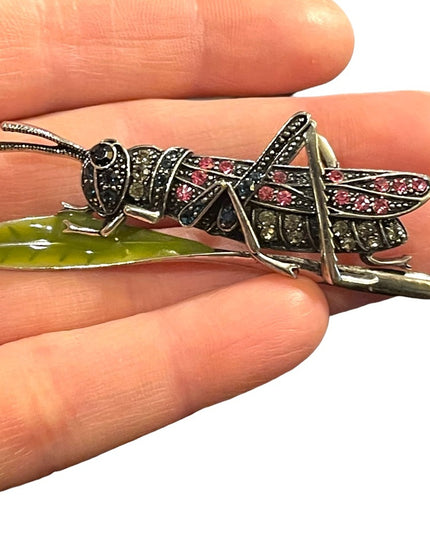 Vintage silver finish enameled crystal grasshopper brooch insect