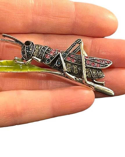 Vintage silver finish enameled crystal grasshopper brooch insect
