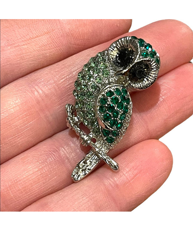 Vintage green crystal silver finish owl brooch