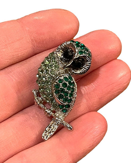 Vintage green crystal silver finish owl brooch