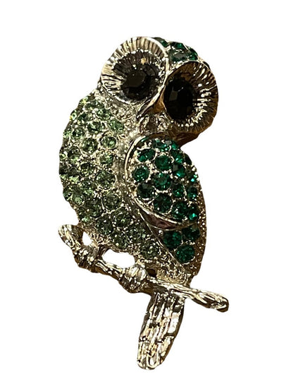 Vintage green crystal silver finish owl brooch