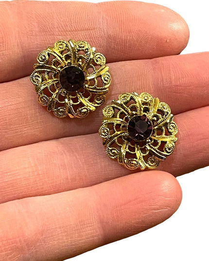 Vintage purple crystal gold finish round filagree earrings