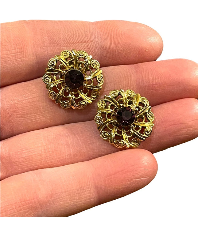 Vintage purple crystal gold finish round filagree earrings
