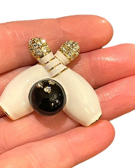 Vintage bowling pin brooch enameled crystal