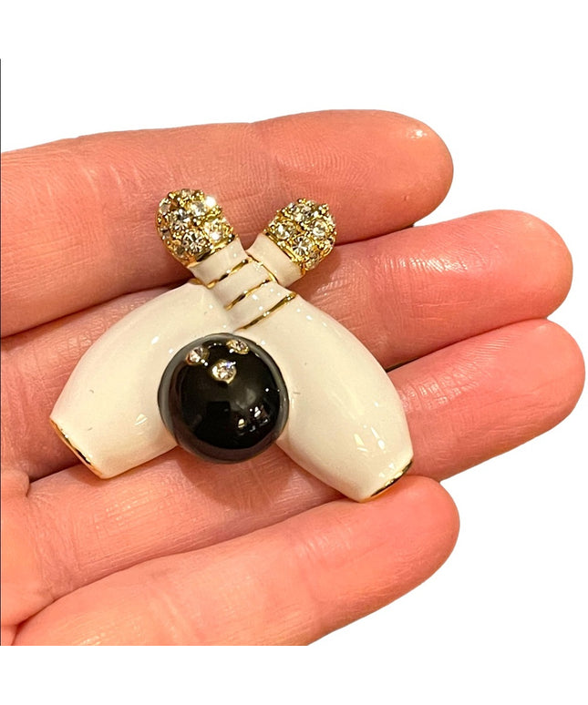 Vintage bowling pin brooch enameled crystal
