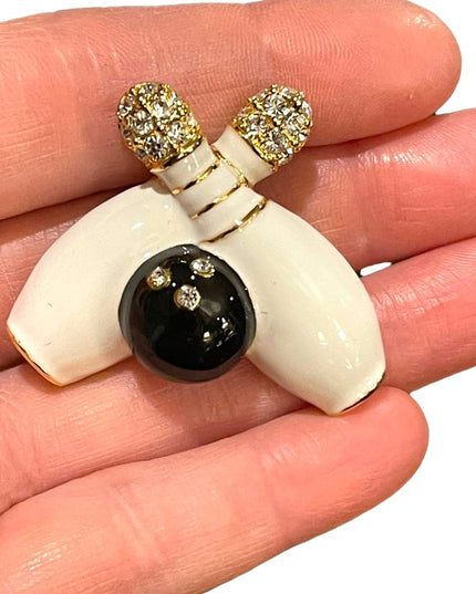 Vintage bowling pin brooch enameled crystal