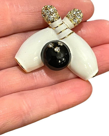 Vintage bowling pin brooch enameled crystal