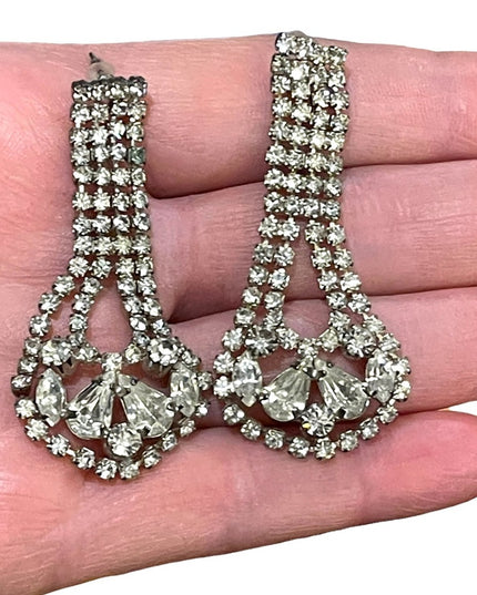 Vintage crystal fancy silver finish rhinestone glass dangle earrings
