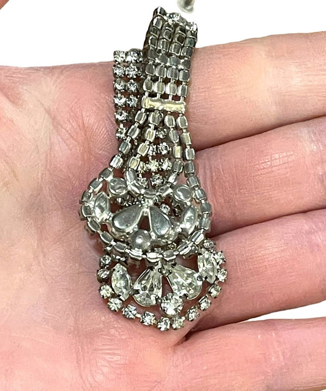 Vintage crystal fancy silver finish rhinestone glass dangle earrings
