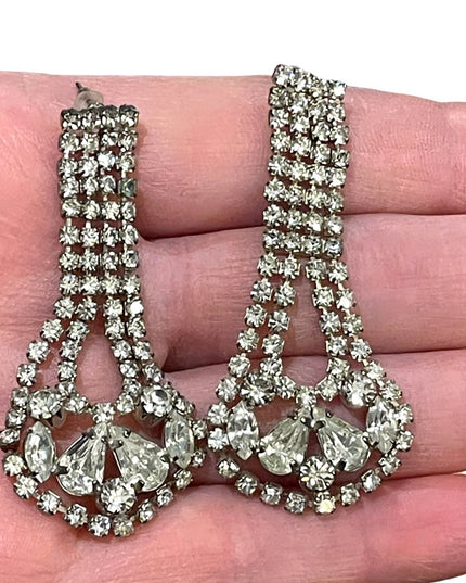 Vintage crystal fancy silver finish rhinestone glass dangle earrings