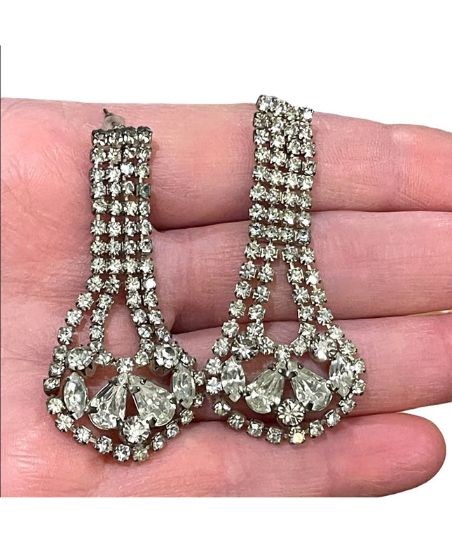 Vintage crystal fancy silver finish rhinestone glass dangle earrings